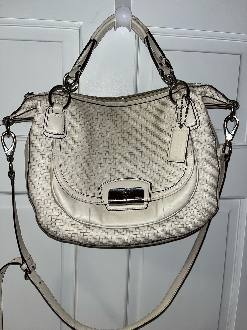 Coach Cream Woven Leather Shoulder Bag with Detachable Strap